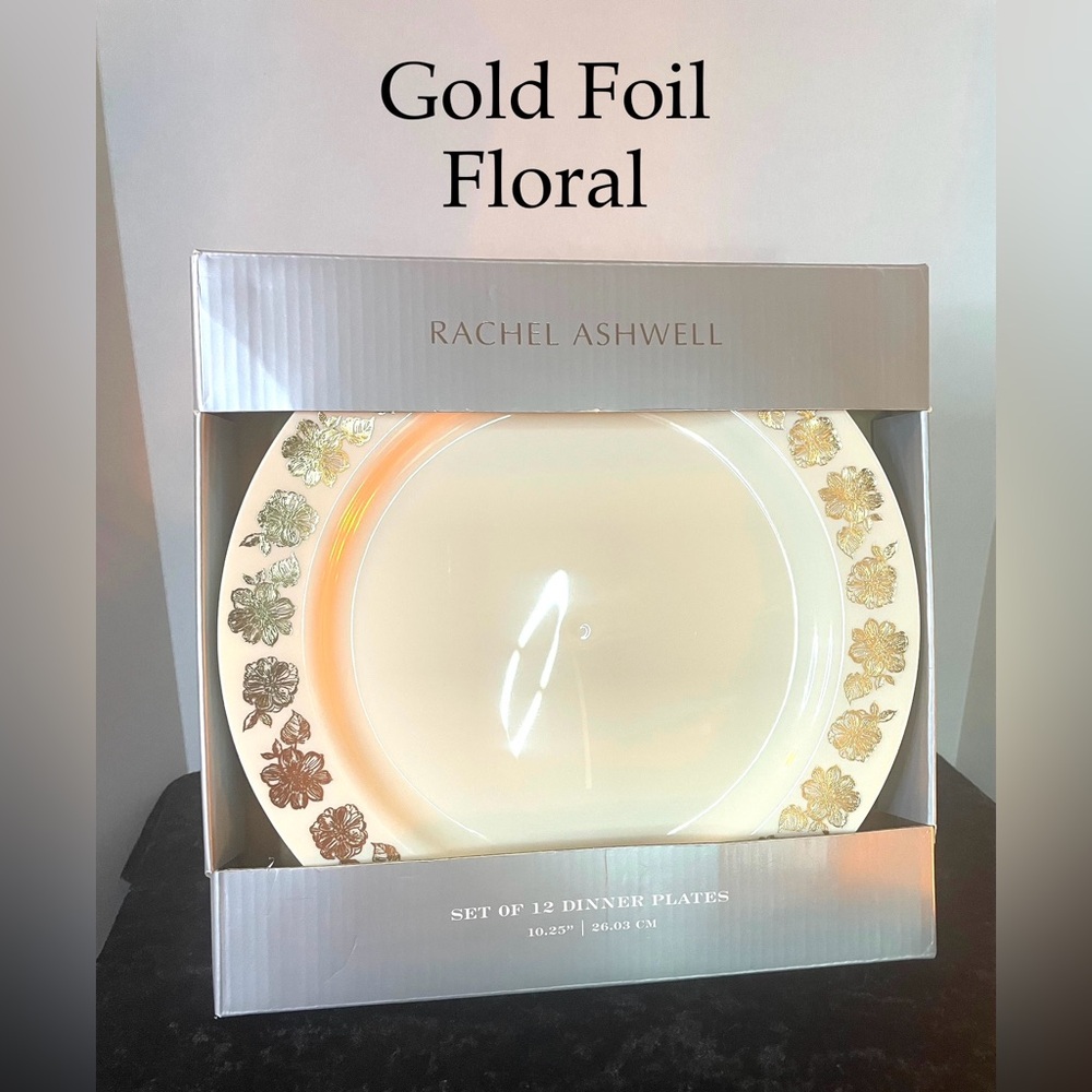 RACHEL ASHWELL 12 Gold Foil Floral Plastic Dinner Plates 10.25" Disposable Reuse